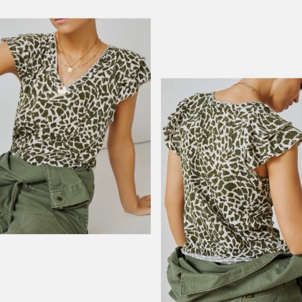 Maeve Anthropologie CATIE Ruffled Short Sleeve Animal Print Top Blouse Medium